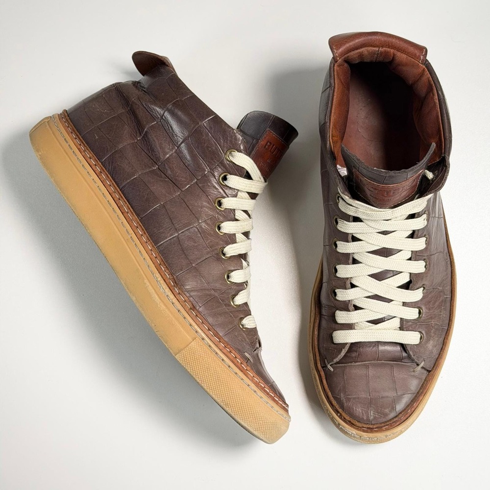 Buttero Handcrafted Leather Sneakers Mens 9.5 Brown Crock Embossed Mid Italy
